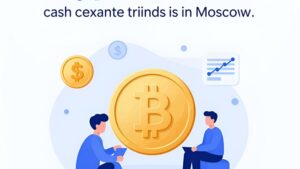 Футуристический пейзаж Москвы с символами цифровых валют и наличных денег для обмена в Биткоин 2