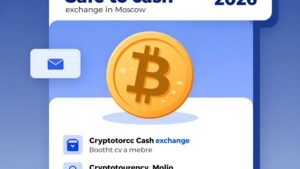 Современная иллюстрация безопасного обмена биткоинов на наличные деньги в офисе Биткоин 2 в Москве